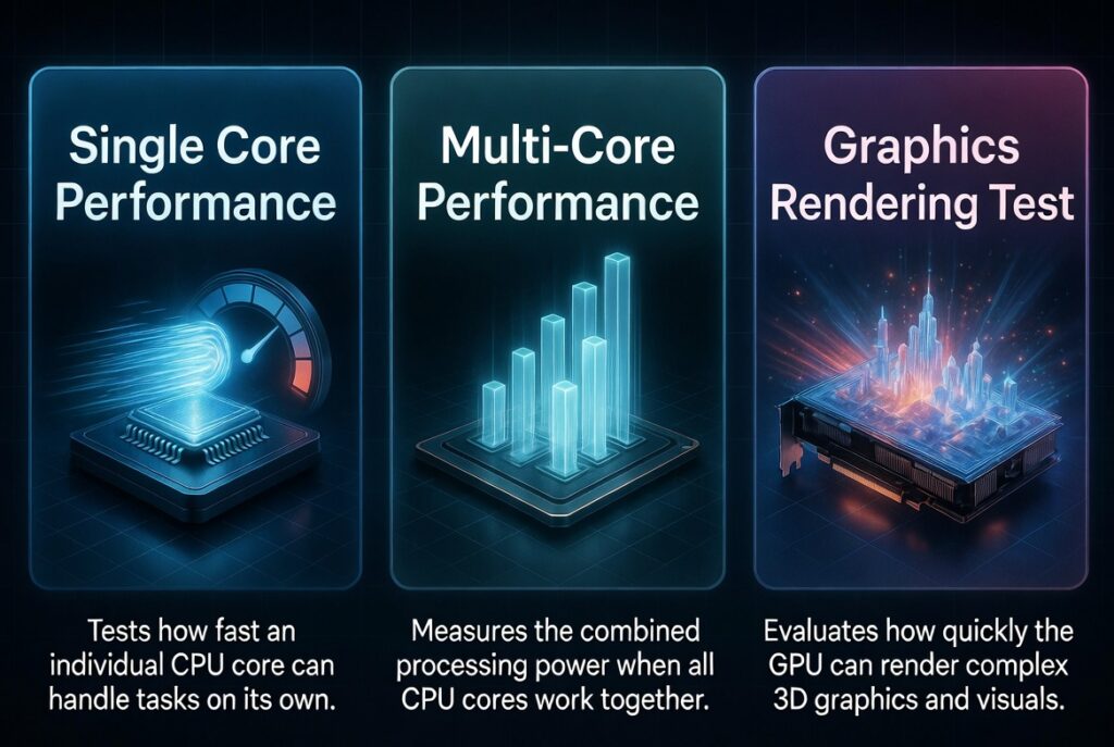 Digital illustration showing single-core CPU, multi-core CPU, and GPU tests with cores, bar graphs, and 3D rendering scene.