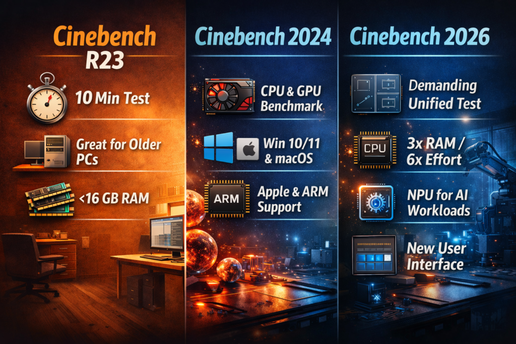 Comparison of Cinebench versions R23, 2024, and 2026 highlighting CPU and GPU benchmarking features, system requirements, and performance differences.
