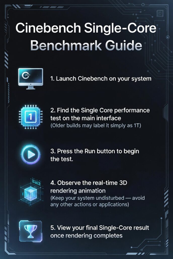 A five-step infographic guide illustrating the process of running a Cinebench single-core benchmark from start to finish.
